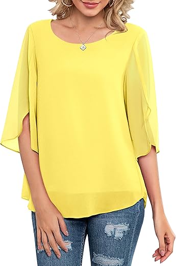 Neineiwu Womens Casual Scoop Neck Loose Top 3/4 Sleeve Chiffon Blouse Shirt Tops