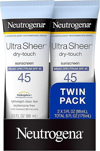 Neutrogena Ultra Sheer Dry-Touch Water Resistant And Non-Greasy Sunscreen Lotion With Broad Spectrum Spf 45, Tsa-Compliant Travel Size, 3 Fl Oz, Pack Of 2, 6 Fl Oz