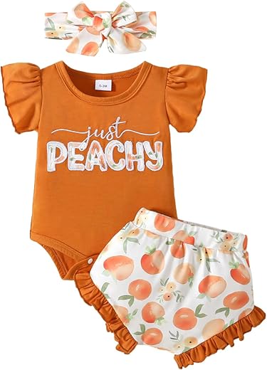 Newborn Infant Baby Girl Summer Clothes Ruffle Sleeve Just Peachy Romper+Peach Bloomer Short+Headband 3Pcs Outfit