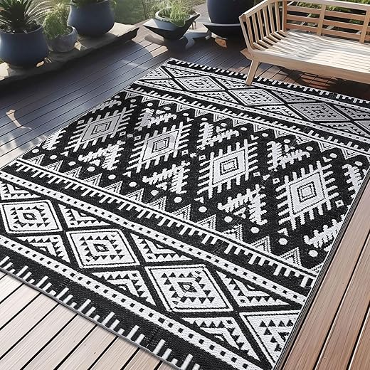 Olanly Outdoor Rug Waterproof 5X8 Ft, Reversible Outdoor Plastic Straw Rug, Boho Patio Rug, Indoor Outdoor Carpet, Rv Mat Outside For Patio, Camp, Picnic, Balcony, Deck, Backyard, Black &Amp; White