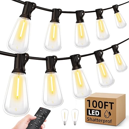 Outdoor String Led Patio Lights - 100Ft 30M Outside Waterproof Light With Remote Dimmable St38 Shatterproof Bulb Connectable Hanging Outdoor Electric Lighting For Backyard Yard Gazebo Porch Party