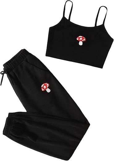 Oyoangle Girl'S 2 Piece Outfits Sleeveless Mushroom Cartoon Print Embroidery Round Neck Shirt Top And Sweatpants Pants Sets