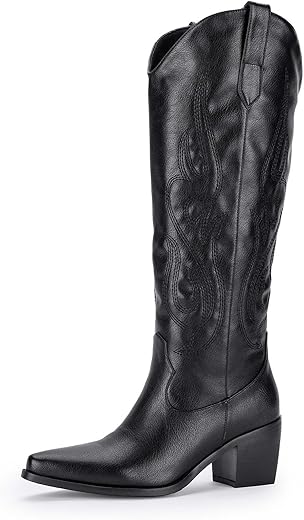 Pasuot Western Cowboy Boots For Women - Knee High Wide Calf Cowgirl Boots With Classic Embroidered, Slip On Pointed Toe Chunky Heel Fashion Retro Classic Pull On Tall Boot For Girls Ladies Fall Winter