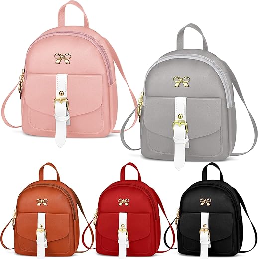 Paterr 5 Pcs Mini Leather Bowknot Backpack 8 Inches Small Cute Colored Backpack Purse Bulk For Women Birthday Holiday(Simple Style)