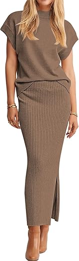 Pink Queen Women'S 2 Piece Sweater Outfits Set Summer Cap Sleeve Tops Bodycon Maxi Long Skirt Knit Dresses