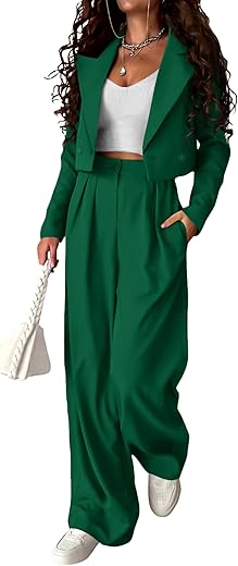 Prettygarden Women'S 2 Piece Casual Outfits Cropped Blazer Jackets High Waisted Wide Leg Work Pants Suit Set