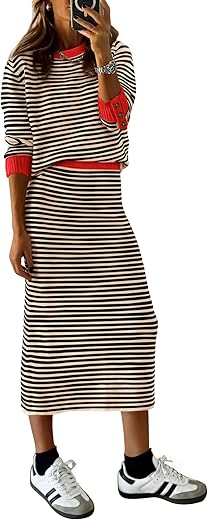 Prettygarden Women'S 2 Piece Striped Sweater Sets Fall Long Sleeve Knit Pullover Pencil Skirts Matching Travel Outfits