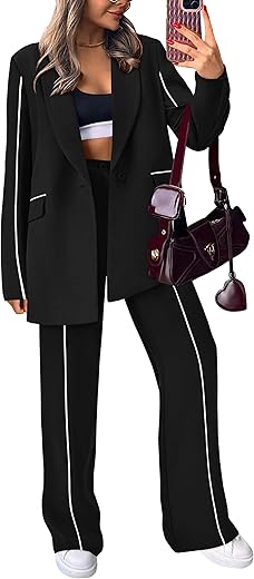 PRETTYGARDEN Women's Fall 2 Piece Blazer Outfits Business Casual Oversized Jacket Wide Leg Work Pants Dressy Suit Set