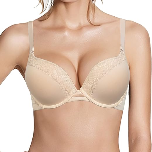 Push Up Thick Padded Plunge Underwire T Shirt Lace Bra Lift Support For Women Add One Cup