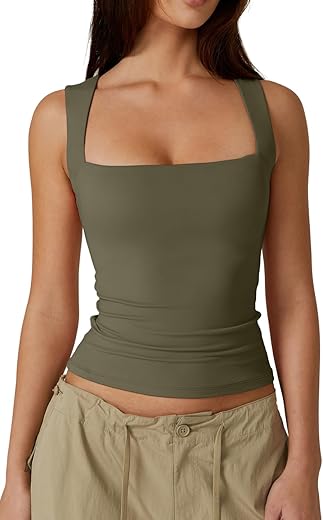 Qinsen Women'S Square Neck Sleeveless Double-Layer Tank Tops Basic Tight T Shirts