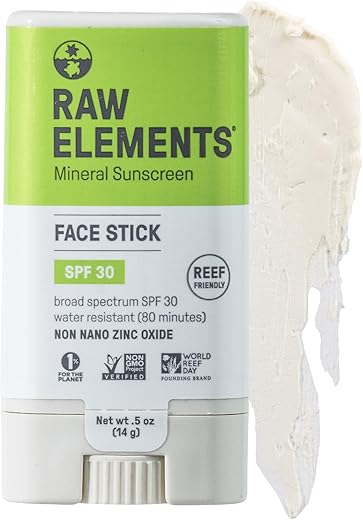 Raw Elements Face All-Natural Mineral Sunscreen Stick, Non-Nano Zinc Oxide, 95% Organic, Water-Resistant 80 Min, Reef Safe, All Ages Safe, Spf 30+, Travel Sunblock 0.5 Oz