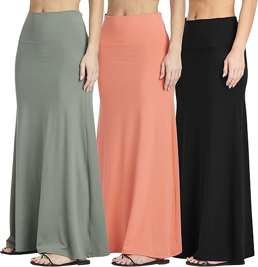 Real Essentials 3 Pack: Women'S Ultra-Soft Flowy Maxi High Waisted Long Skirts (Available In Plus Size)