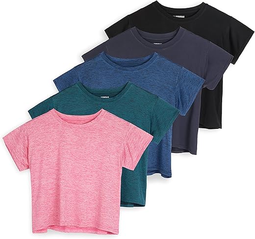 Real Essentials 5 Pack: Women'S Dry Fit Crop Top - Short Sleeve Crew Neck Stretch Athletic Tee (Available In Plus Size)