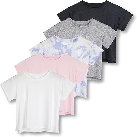 Real Essentials 5 Pack: Women'S Dry Fit Crop Top - Short Sleeve Crew Neck Stretch Athletic Tee (Available In Plus Size)