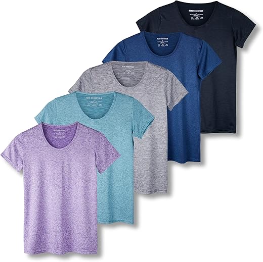 Real Essentials 5 Pack: Women'S Dry Fit Tech Stretch Short-Sleeve Crew Neck Athletic T-Shirt (Available In Plus Size)