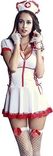 Reindear 8 Pcs Women Sexy Nurse Cosplay Costume Uniform Complete Set Nightie Racy Lingerie