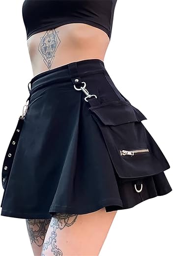 Ruolai Goth Black Pleated Mini Skirt With Chain High Waisted Tennis Skirt