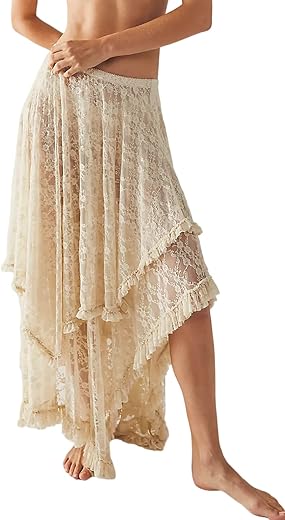 R.vivimos Women Lace Long Skirts Summer Elastic Asymmetrical Layered Hem Sexy See-Through Beach Floral Maxi Skirts