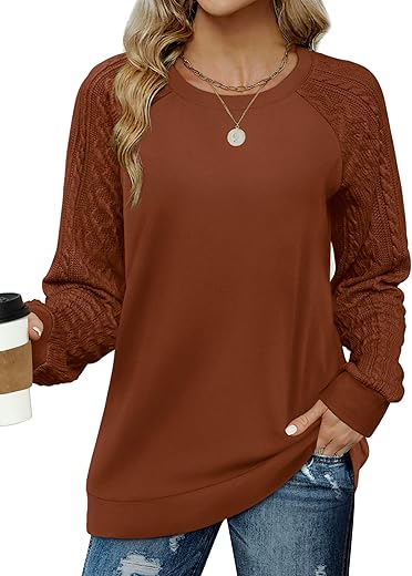 Saloogoe Sweatshirts For Women Crewneck Cable Knit Sleeve Sweaters Lightweight Fashion 2024