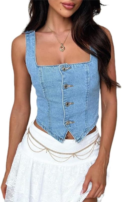 Sastianaen Women Vintage Denim Vest Y2K Button Down Tank Top Low Cut Sleeveless Slim Jean Top Summer Going Out Streetwear