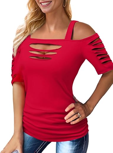 Sexy Cut Out Cold Off Shoulder Tops For Women T-Shirt Distressed Half Sleeve Square Neck Blouse Summer Rock Tee