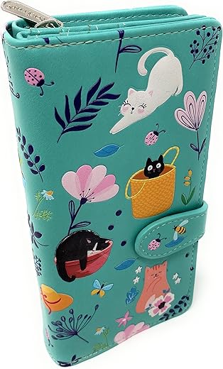 Shag Wear Cats In The Garden Large Spring Summer Animal Wallet For Women And Teen Girl Vegan Faux Leather Light Teal 7&Quot;