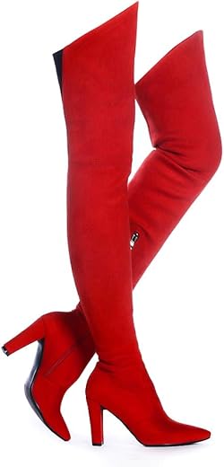 Shoe'N Tale Women Stretch Suede Chunky Heel Over The Knee Boots Thigh High For Women