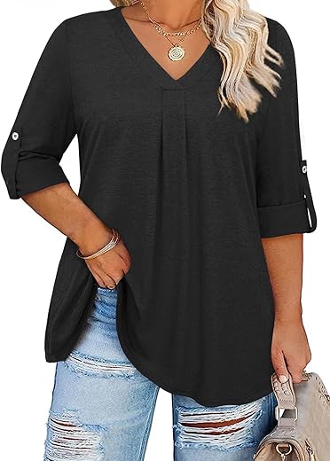 Siddhe Plus Size Tops For Women 3/4 Sleeve Shirts V Neck Blouses Tunic Top Spring Summer 2024.