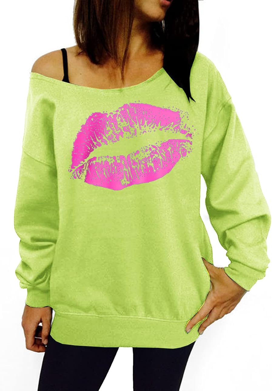 Smile Fish Women'S Sexy Off The Shoulder 80S Outfit Sweatshirt Slouchy Printed Long Tunics Top