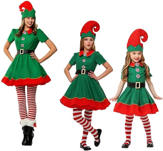 Springcmy Women Men Kid Christmas Elf Cosplay Costume Santa Dress+ Pants+Leg Warmer+Hat+ Belt Xmas Costume