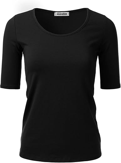 Ssoulm Women'S 1/2 Sleeve Scoopneck Cotton Basic Slim Fit T-Shirt Top With Plus Size