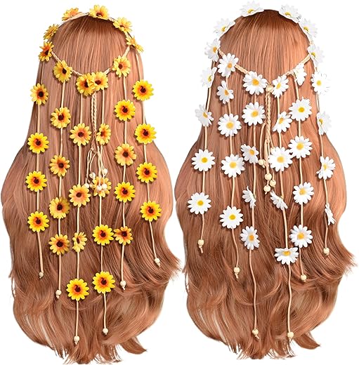 Sucrain 2Pcs Flower Hippie Headband Floral Crown Summer Sunflower Hair Accessories For 70 S Bohemian Costumes Style