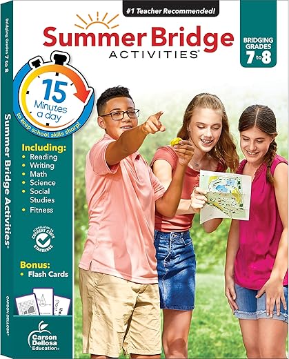 Summer Bridge Activities 7Th To 8Th Grade Workbook, Math, Reading Comprehension, Writing, Science, Social Studies, Fitness Summer Learning Activities, 8Th Grade Workbooks All Subjects With Flash Cards