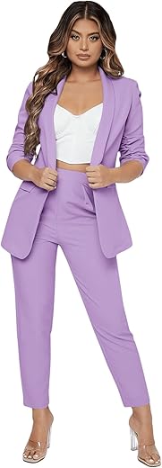 Sweatyrocks Women'S 2 Piece Solid Ruched Sleeve Blazer And Pants Business Office Suit Set