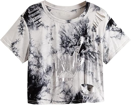 SweatyRocks Women's Short Sleeve T Shirt Graphic Print Distressed Crop Top