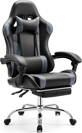 Sweetcrispy Video Game Desk Chair - Ergonomic Computer With Footrest And Comfy Lumbar Support, Pu Leather Recliner With Headrest, Fixed Up Armrest, Height Adjustable With 360° Swivel, For Adults, Grey