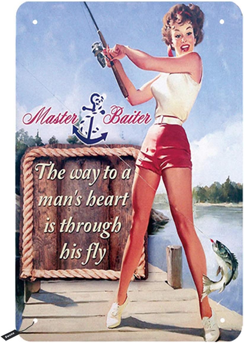 Swono Pinup Tin Signs,Sexy Women In Fishing On The Wood Bridge Vintage Metal Tin Sign For Men Women,Wall Decor For Bars,Restaurants,Cafes Pubs,12X8 Inch