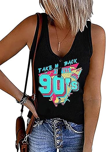 Take Me Back to 90's Ribbed Tank Top Women 90s Outfit Top Retro V Neck Button Basic Henley Shirts Sleeveless Tank