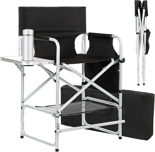 Tall Makeup Chair For Makeup Artist 41'', Directors Chairs Foldable, Portable Makeup Artist Chair Bar Height, Folding Directors Chair With Table, Cup Holder, Storage Bag &Amp; Footrest - Supports 400 Lbs