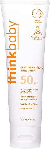 Thinkbaby Spf 50+ Baby Mineral Sunscreen – Safe, Natural Sunblock For Babies - Water Resistant Sun Cream – Broad Spectrum Uva/Uvb Sun Protection – Vegan Baby Sunscreen Lotion, 3 Oz.