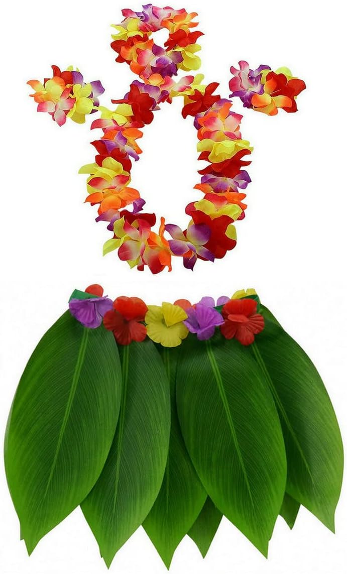 Ti Leaf Skirt Hawaiian Hula Grass Skirt With Flower Leis For Women,Girls,Men,Luau Party Dress Outfits