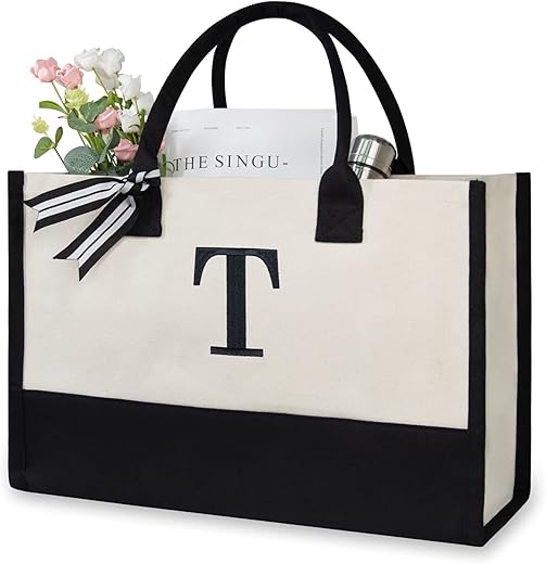 Topdesign Personalized Initial Canvas Beach Bag, Monogrammed Gift Tote Bag For Women