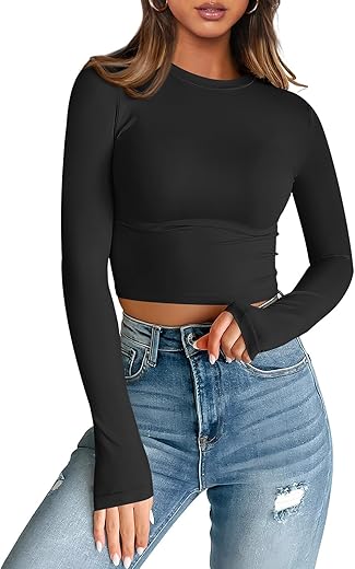 Trendy Queen Womens Long Sleeve Crop Tops Basic Slim Fitted Shirts Casual Fashion 2024 Going Out Y2K Tops Teen Girl Clothes