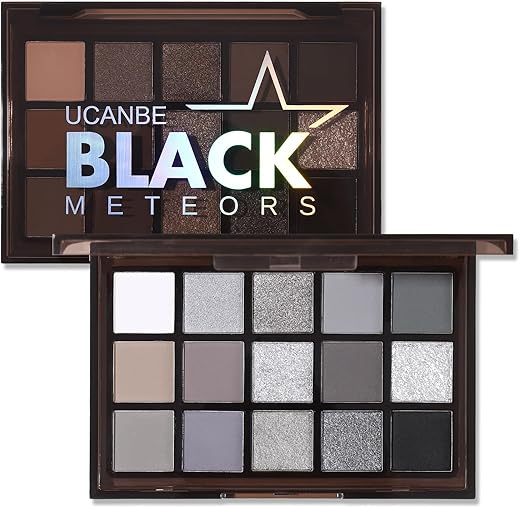 Ucanbe Smokey Black Eyeshadow Palette, 15 Colors Dark Shimmer Matte Metallic Makeup Pallet, High Pigmented Gray Silver Sombras De Ojos Kit For Daily And Halloween