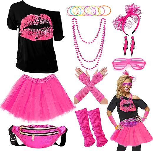 Upgraded 80S Outfit Costume For Women,80S Party Costume Accessory Sets With T-Shirt Tutu Skirt Waist Pack Etc