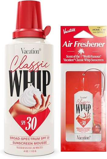 Vacation Classic Whip Spf 30 Sunscreen + Air Freshener Bundle, Whipped Sunscreen Mousse Spf 30, Moisturizer With Spf, Broad Spectrum, Water-Resistant Whipped Sunscreen, 4 Oz.