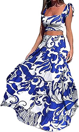 Vakkest Womens Summer Sexy 2 Pieces Outfits Ruffle Floral Tank Top Wrap Boho Tropical Long Skirt Set Clubwear Dresses