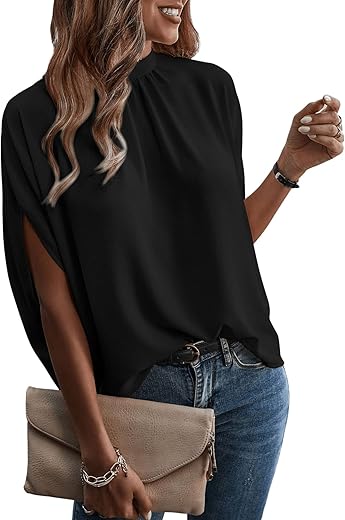 Verdusa Women'S Casual Tie Back Dolman Sleeve Mock Neck Blouse Top