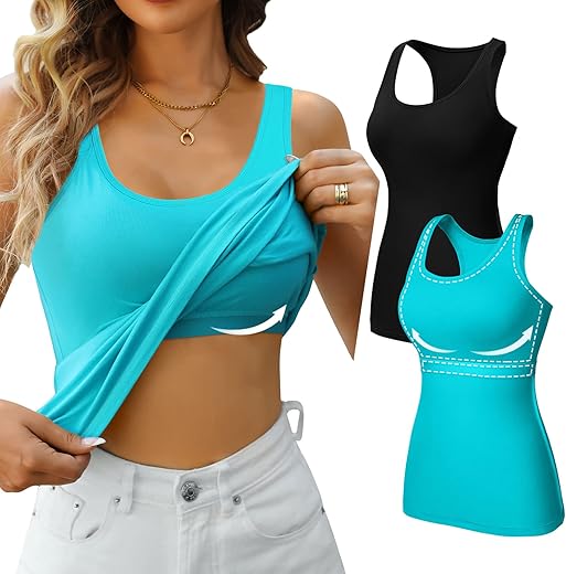 V For City Womens Shelf Bra Tank Tops Racerback Workout Tops Yoga Shirt Cotton Undershirt 2 Pack