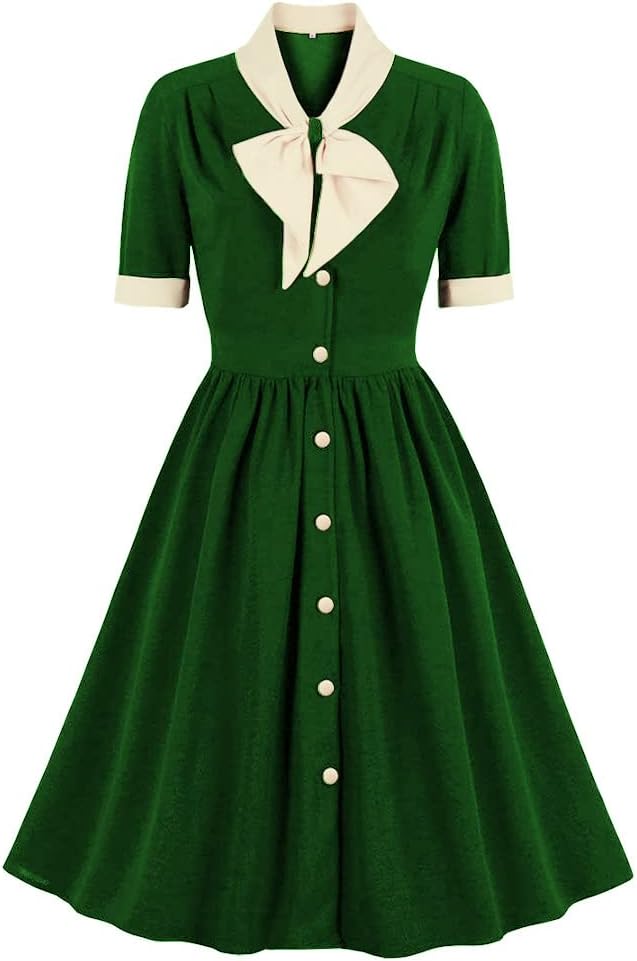 Vintage Women 1940S Bow Tie Neck Dress Retro 40S 50S Button Up Business Work A-Line Cocktail Dresses